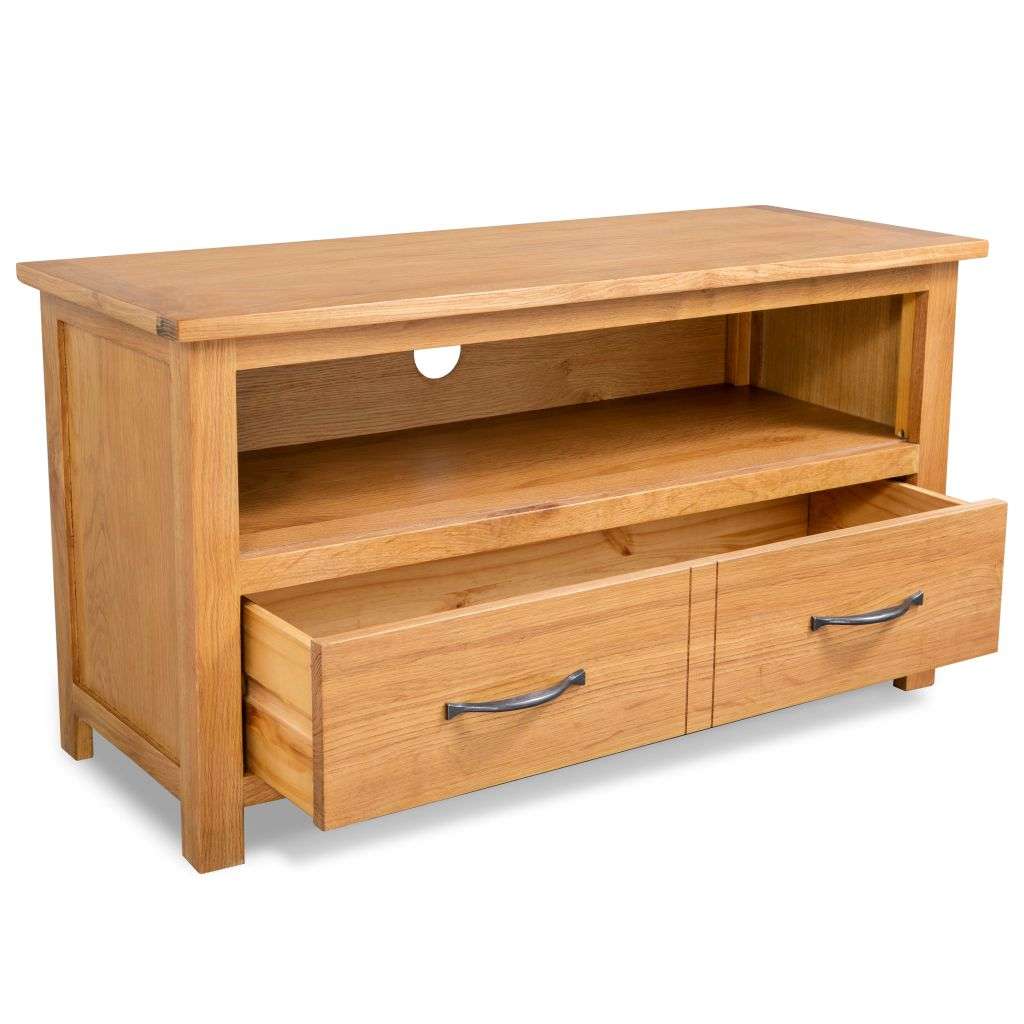 Rustic oak TV unit that pairs well with oak bookcases