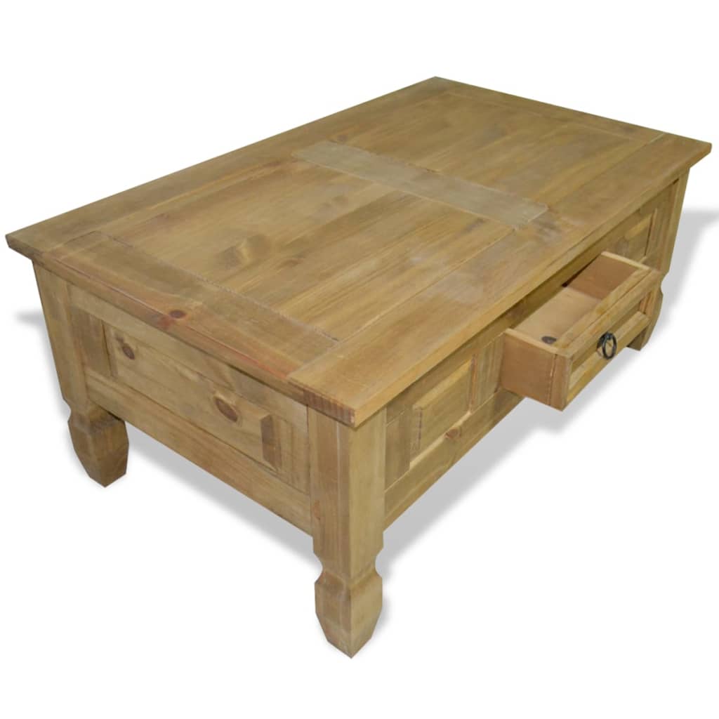 Rustic wooden coffee table with storage drawer - pine in living room