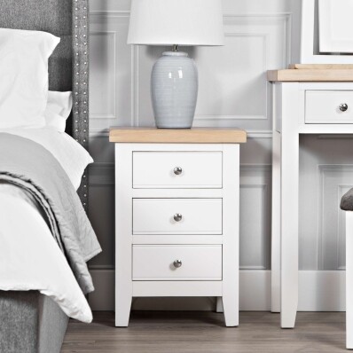Tall Bedside Cabinets White with Oak Top