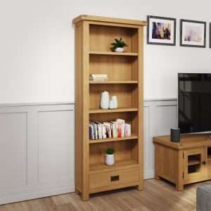 Rustic Oak Bookcase Near Console for Extra Storage