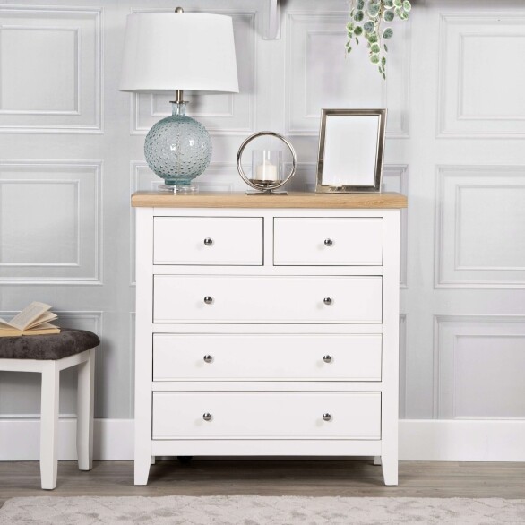 Modern Large Chest of Drawers White with Oak Top