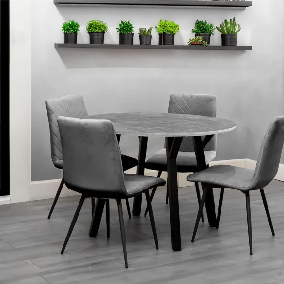 1.1m Concrete Round Table & 4 Grey Chairs