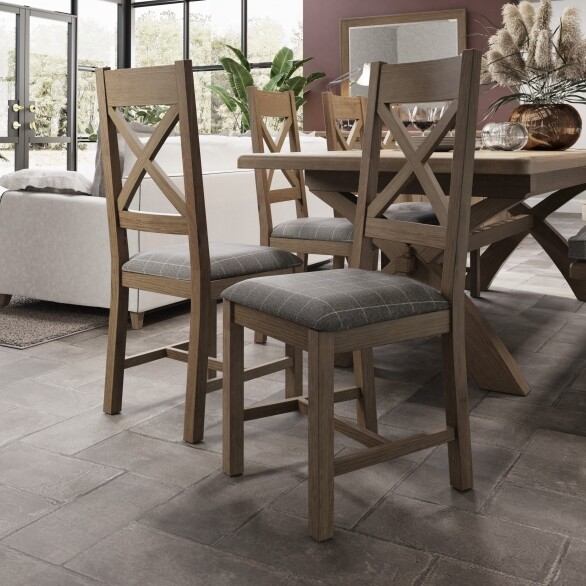 Cross Back Chair Fabric Seat in Check Grey