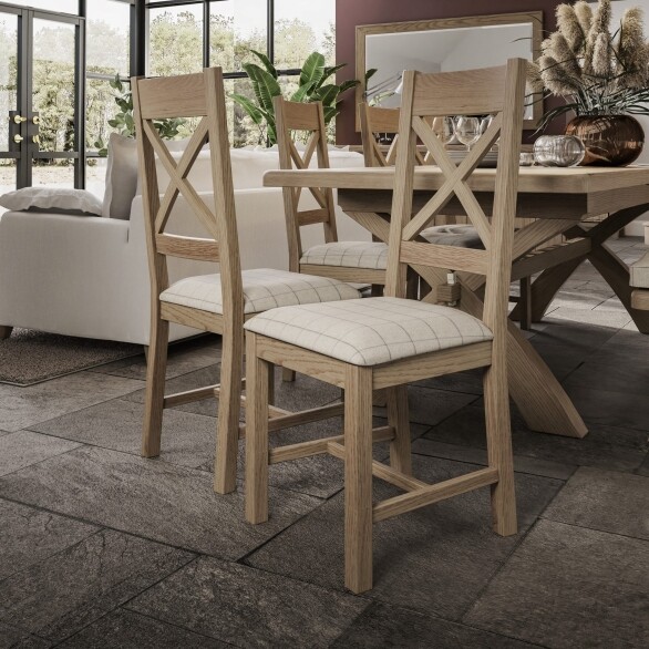 Cross Back Chair Fabric Seat in Check Natural