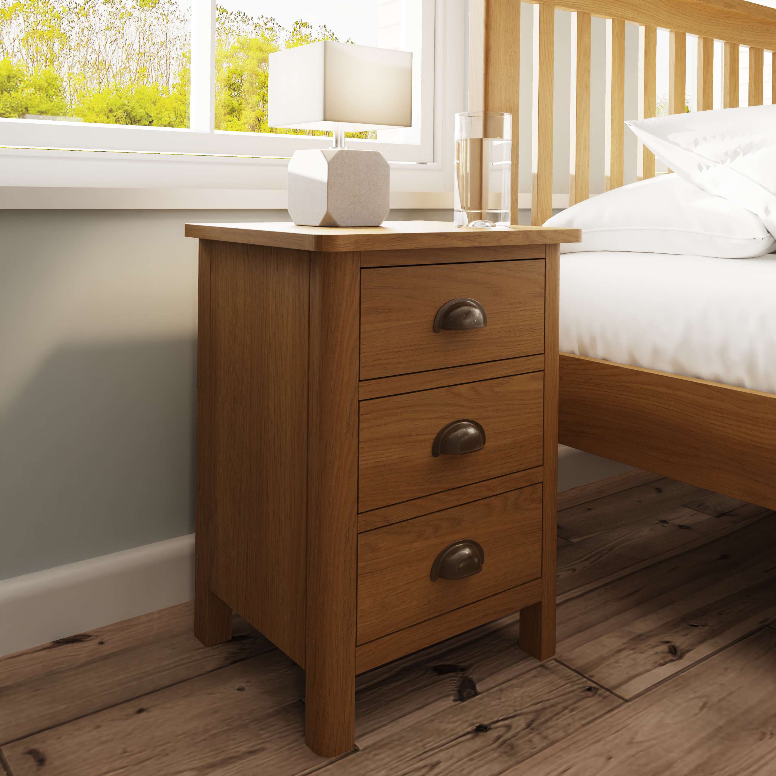 3 drawer oak bedside table