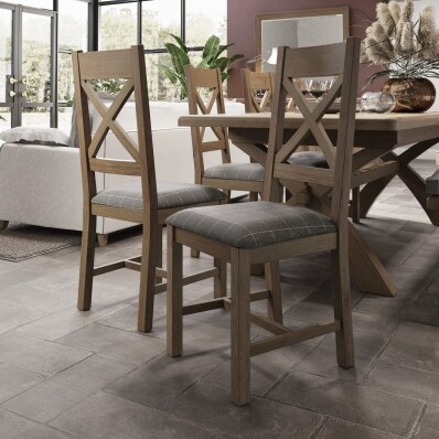 Cross Back Chair Fabric Seat in Check Grey